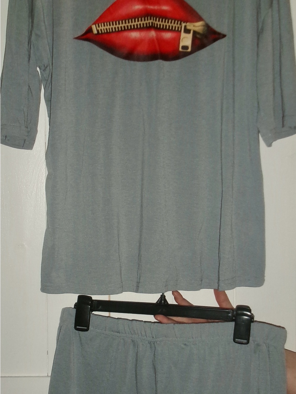 Amazon Women's High Waist Shorts and Top Set in Gray with Red Lip Graphic